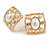 23mm Gold Tone Matt Faux Pearl Bead, Clear Crystal Square Retro Clip On Earrings - view 6