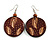 Brown Wooden Round Disk Drop Earrings with Feather Pattern - 70mm Long - view 2