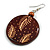 Brown Wooden Round Disk Drop Earrings with Feather Pattern - 70mm Long - view 4