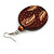 Brown Wooden Round Disk Drop Earrings with Feather Pattern - 70mm Long - view 5
