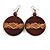 Brown Wooden Round Disk Drop Earrings with Geometric Pattern - 70mm Long - view 2