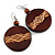 Brown Wooden Round Disk Drop Earrings with Geometric Pattern - 70mm Long