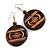 Dark Brown Wooden Round Disk Drop Earrings with Geometric Pattern - 70mm Long