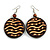 Brown Wooden Round Disk Drop Earrings with Lines and Dots Pattern - 70mm Long - view 2