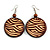 Dark Brown Wooden Round Disk Drop Earrings with Curvy Lines Pattern - 70mm Long - view 2