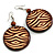 Dark Brown Wooden Round Disk Drop Earrings with Curvy Lines Pattern - 70mm Long