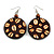 Brown Wooden Round Disk Drop Earrings with Coffee Beans Motif - 70mm Long - view 2