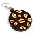 Brown Wooden Round Disk Drop Earrings with Coffee Beans Motif - 70mm Long - view 4
