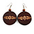 Brown Wooden Round Disk Drop Earrings with Floral Motif - 70mm Long - view 2