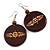 Brown Wooden Round Disk Drop Earrings with Floral Motif - 70mm Long