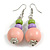 Graduated Pink/Lime Green/Lilac Painted Wood Bead Drop Earings - 65mm Long - view 4