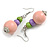 Graduated Pink/Lime Green/Lilac Painted Wood Bead Drop Earings - 65mm Long - view 2