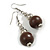 Brown Painted Wood and Silver Acrylic Bead Drop Earrings - 55mm L - view 2