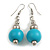 Turquoise Painted Wood and Silver Acrylic Bead Drop Earrings - 55mm L - view 2