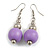 Lilac Purple Painted Wood and Silver Acrylic Bead Drop Earrings - 55mm L - view 2
