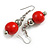 Red Painted Wood and Silver Acrylic Bead Drop Earrings - 55mm L - view 2