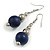 Dark Blue Painted Wood and Silver Acrylic Bead Drop Earrings - 55mm L