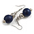 Dark Blue Painted Wood and Silver Acrylic Bead Drop Earrings - 55mm L - view 2