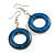 Donut Shape Blue Painted Wood Drop Earrings - 55mm Long - view 2