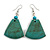 Teal Painted Wood Fan Shape Drop Earrings - 55mm L - view 5