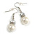 White Glass Pearl/ Hematite Bead with Crystal Ring Drop Earrings in Silver Tone/ 40mm L - view 4