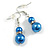 Blue Glass Pearl Bead with Crystal Ring Drop Earrings in Silver Tone/ 40mm L - view 4