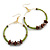 50mm Lime Green Glass And Brown Wood Bead Hoop Earrings In Gold Tone - 80mm Drop