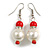 Faux Pearl Red Ceramic Bead with Crystal Ring Drop Earrings - 45mm Long