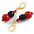 Black Glass and Red Wood Beaded Drop Earrings in Gold Tone - 50mm Drop