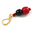 Black Glass and Red Wood Beaded Drop Earrings in Gold Tone - 50mm Drop - view 4