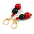 Black Glass and Red Wood Beaded Drop Earrings in Gold Tone - 50mm Drop - view 5