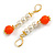 60mm Long Cream Faux Pearl Orange Acrylic Bead Drop Earrings in Gold Tone - view 2