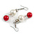 60mm Red/ Cream Glass Bead Drop Earrings In Silver Tone - view 2