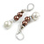 Cream/ Brown Faux Pearl Bead Drop Earrings in Silver Tone - 60mm L - view 2