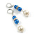 Blue/White Faux Pearl Glass Bead with Clear Crystal Spacer Drop Earrings in Silver Tone - 60mmL - view 2