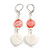 White/ Red Shell Heart Beaded Drop Earrings In Silver Tone - 60mm L