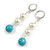 55mm Delicate Turquoise Faux Pearl Bead Drop Earrings In Silver Tone - view 5