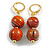 Double Bead Wood Drop Earrings in Gold Tone/Orange - 50mm L - view 7