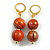 Double Bead Wood Drop Earrings in Gold Tone/Orange - 50mm L - view 6