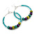 55mm Frosted Teal Glass and Olive/Purple/Teal Wooden Bead Large Hoop Earrings In Silver Tone - 80mm L - view 2