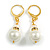 White Faux Pearl Glass and Transparent Bead with Crystal Rings Drop Earrings in Gold Tone - 40mm L - view 2
