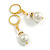 White Faux Pearl Glass and Transparent Bead with Crystal Rings Drop Earrings in Gold Tone - 40mm L - view 6