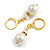 White Faux Pearl Glass and Transparent Bead with Crystal Rings Drop Earrings in Gold Tone - 40mm L - view 7