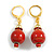 Red Round Ceramic Bead with Red Crystal Ring Drop Earrings in Gold Tone - 45mm L - view 2