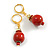 Red Round Ceramic Bead with Red Crystal Ring Drop Earrings in Gold Tone - 45mm L - view 5