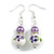 Purple/White Floral Glass Bead with Clear Crystal Spacer Drop Earrings in Silver Tone - 50mmL