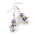 Purple/White Floral Glass Bead with Clear Crystal Spacer Drop Earrings in Silver Tone - 50mmL - view 5