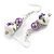 Purple/White Floral Glass Bead with Clear Crystal Spacer Drop Earrings in Silver Tone - 50mmL - view 6