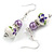 Purple/White Floral Glass Bead with Clear Crystal Spacer Drop Earrings in Silver Tone - 50mmL - view 2