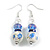 Blue/White Floral Glass Bead with Blue Crystal Spacer Drop Earrings in Silver Tone - 50mmL - view 5